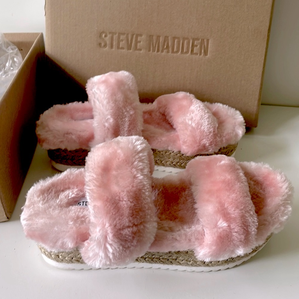 NIB Steve Madden Katana light pink faux fur espadrille flatform furry sandal